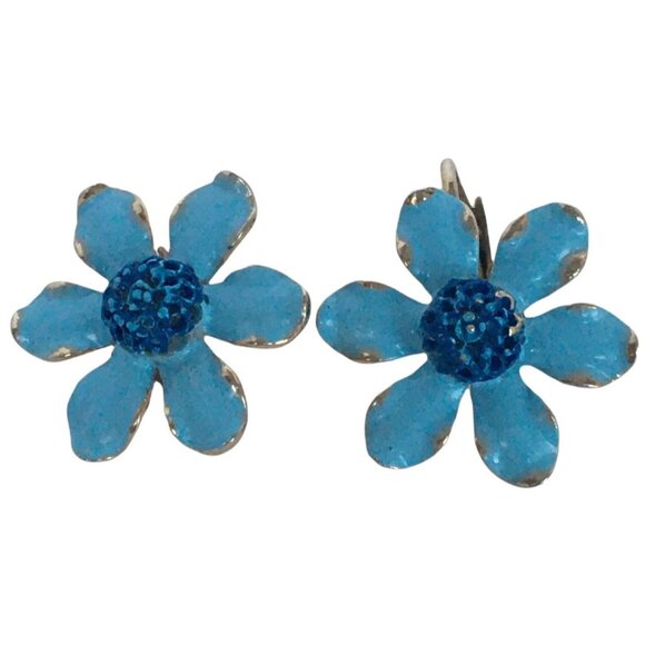 Weiss Jewelry - Signed Weiss Vintage Clip On Earrings Enamel Flowers Vintage Gold Tone Lt Blue
